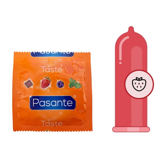 Červené kondómy Pasante Taste Strawberry s jahodovou vôňou a príchuťou.