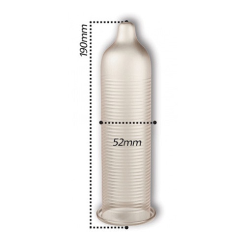Detail povrchu kondómu s vrúbkami a jeho rozmery.