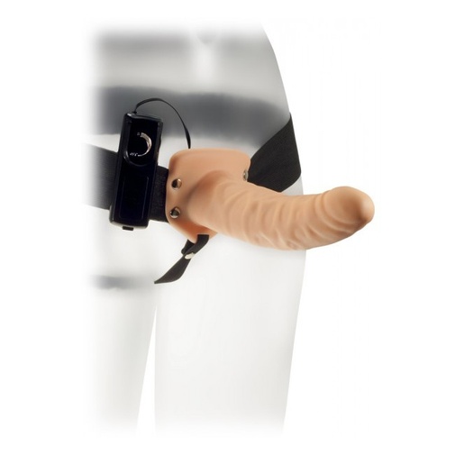 Telové vibračné strap-on dildo v tvare penisu miernej žilnatosti s ovládačom na intenzitu vibrácii.