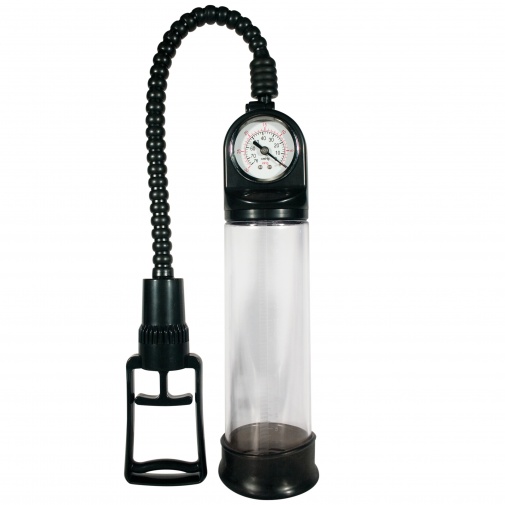 Čierna vákuová pumpa Pump Master s ukazovateľom tlaku.