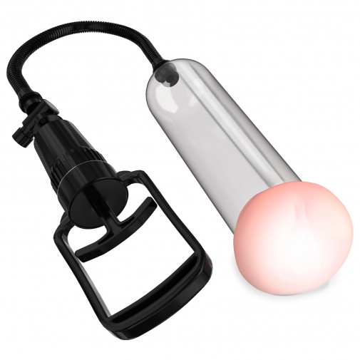 Vákuová pumpa pre penis s tenším priemerom s masturbátorom v tvare vagíny priamo vo vstupe do vákuovej pumpy so zdokonaleným čerpadlom a erekčným krúžkom s dvoma manžetami - Pump Worx Beginner's Pussy. 