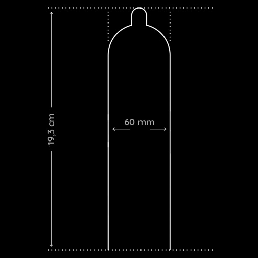 Detail rozmeru kondómu pre dlhší penis s obvodom 60 mm.