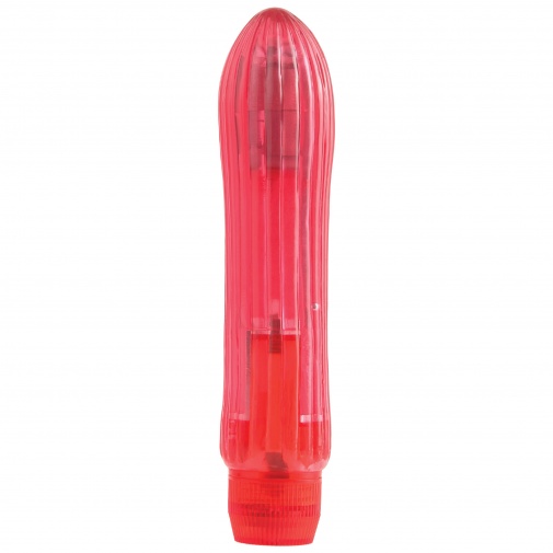 Zvyslo vrúbkovaný želatínový vibrátor menších rozmerov vhodný pre začiatočníčky v rubínovo červenej farbe 100 % vodotesný.