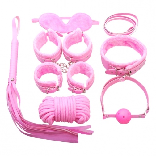 Sada siedmich BDSM erotických pomôcok ružovej farby.
