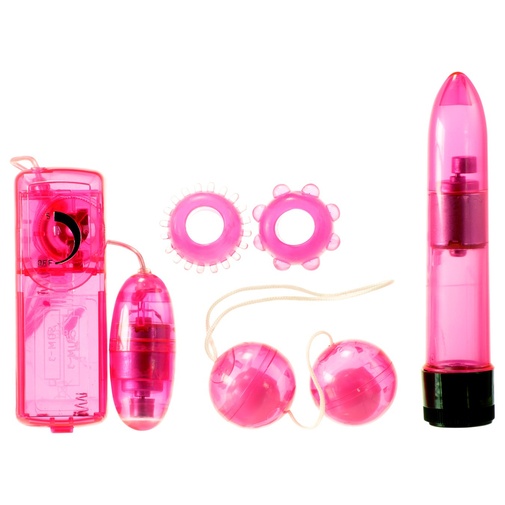 Sada erotických pomôcok v ružovej farbe, s pevným vibrátorom, vibračným vajíčkom, venušinými guličkami a dvoma erekčnými krúžkami.