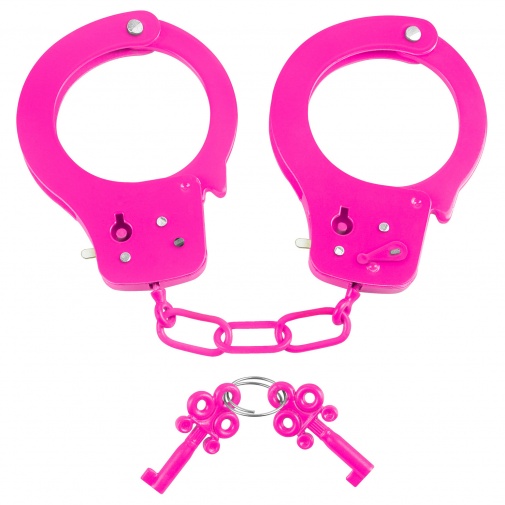 Neónovo ružové kovové putá s bezpečnostnou poistkov a dvoma kľúčikmi - Neon Fun Cuffs.