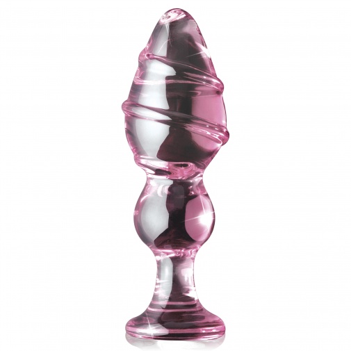 Ružový sklenený análny kolík so špirálou v hornej časti Pipedream číslo 27.