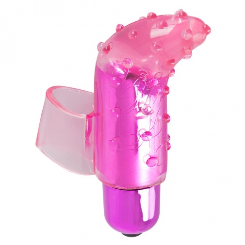 Ružový mini vibrátor na prst so zahnutou špičkou a výstupkami na povrchu.