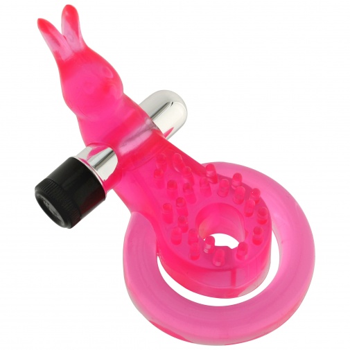 Ružový erekčný kružok na penis a semenníky v tvare zajačika s vibračným vajíčkom a malými výstupkami na stimuláciu klitorisu.