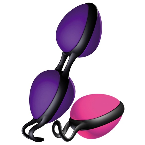 Sada silikónových venušiných guličiek na posilnenie svalov panvového dna a zjednodušenie dosiahnutia orgazmu od značky JoyDivision - Joyballs Secret set, fialovo čierne guličky a jedna silngle ružová gulička.
