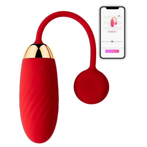 Luxusné vibračné vajíčko Svakom Ella červenej farby z prvotriedneho silikónu s nabíjacím a vodotesným motorčekom s ovládaním cez mobilnú aplikáciu.