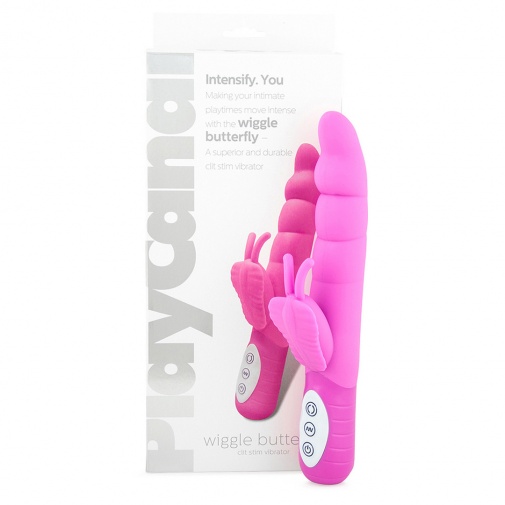 V balení silikónový vibrátor Play Candi Wiggle Butterfly so stimulátorom klitorisu ružovej farby a dvoma samostatnými motorčekmi.