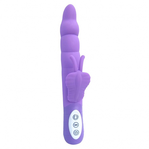 Rotačný vodotesný vibrátor fialovej farby so stimulátorm klitorisu v tvare motýlika a zúženou špičkou.