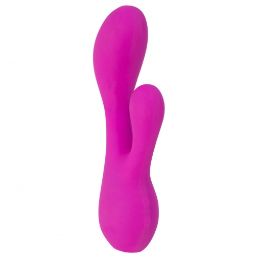 Nabíjateľný vibrátor s hodvábneho silikónu ružovej farby so zakrivenou špičkou na dráždenie bodu G a s výstupkom na stimuláciu klitorisu.