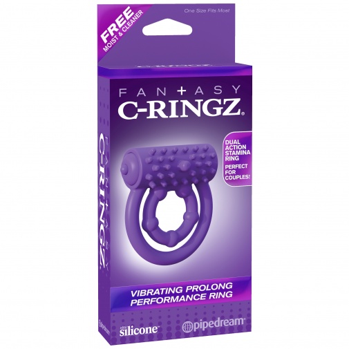 V balení C-Ringz fialový vibračný erekčný krúžok na penis s výstupkami na klitoris.