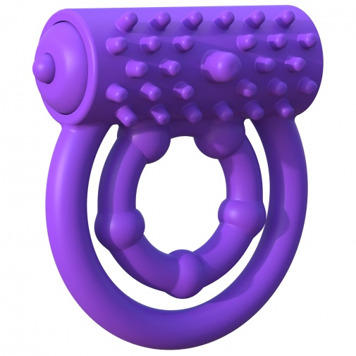 Silikónový vibračný krúžok fialovej farby na penis a semenníky s výstupkami pre dráždenie klitorisu.