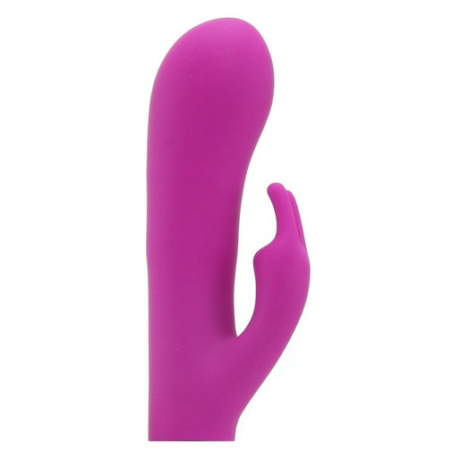 Pohľad na kvalitný menší silikónový vibrátor s hodvábnym povrchom ružovej farby na stimuláciu vagíny a klitorisu.