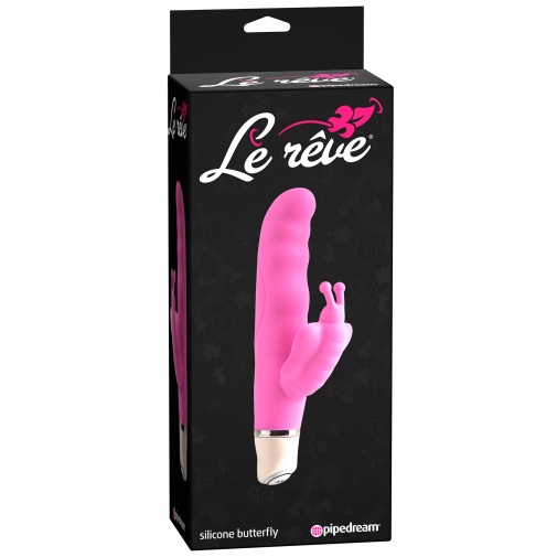 Le Reve - Silicone butterfly - Pevný vibrátor s jemným povrchom ružovej farby s výstupkom na dráždenie klitorisu v balení.