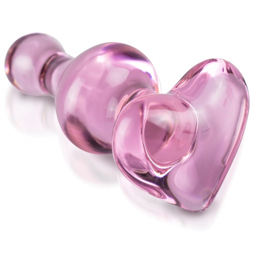 Ružový sklenený análny kolík Icicles s detailom na spodok v tvare srdiečka.