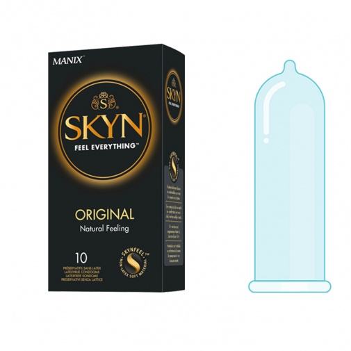 Balenie desať kusových kondómov Manix Skin Original s bezlatexovým povrchom, vhodným aj pre alergikov.