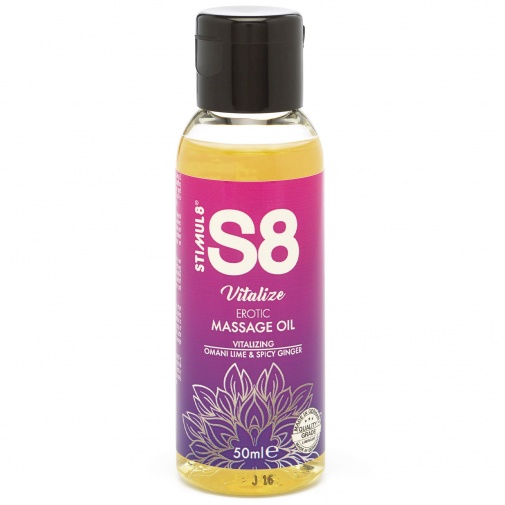 Erotický masážny olej Stimul 8 Vitalize s príjemnou vôňou limetky a zázvoru.