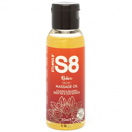 50 ml erotický masážny olej Stimul8 Relax s príjemnou vôňou zeleného čaju a orgovánu.