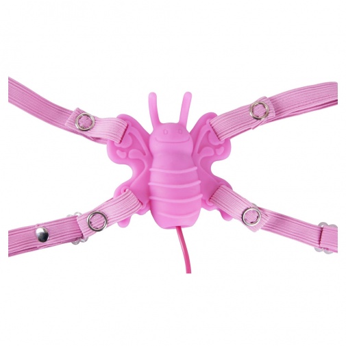 Silikónová erotická strap-on pomôcka v tvare ružového motýlika na stimuláciu klitorisu - Butterfly Strap-on.