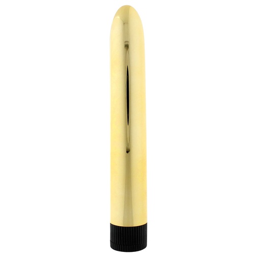 Hladký pevný zlatý vibrátor so silnými vibráciami vhodný na análne či vaginálne potešenie s erotickou pomôckou.