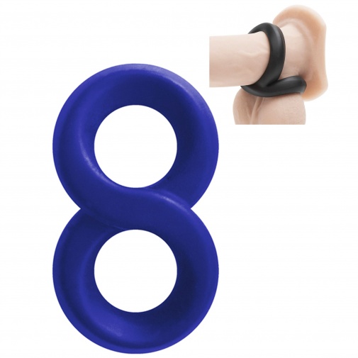 Modrý erekčný krúžok na penis a semenníky v tvare číslice osem.