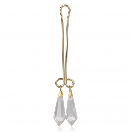 Zlatá ozdobná svorka na klitoris v zlatej farbe s dvoma priehľadnými kryštálikmi - Crystal Clit Jewelry.