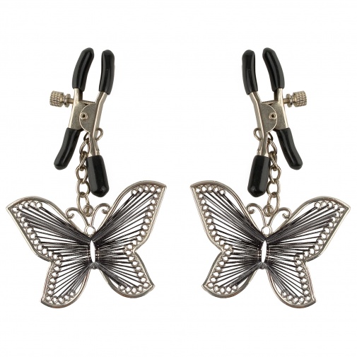 Svorky na bradavky s peknými motýlikmi na krátkej retiazke s nastaviteľným tlakom zovretia - Butterfly Nipple Clamps