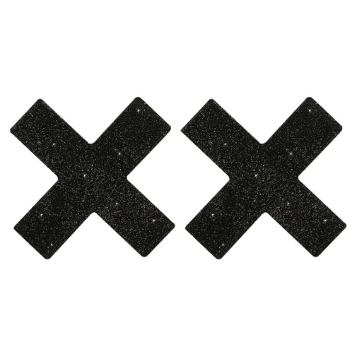 Dve čierne nálepky na bradavky v tvare X s trblietkami.