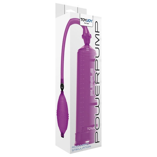 Fialová vákuová pumpa na maximálnu erekciu penisu s pravítkom a bezpečnostnou poistkou v balení.