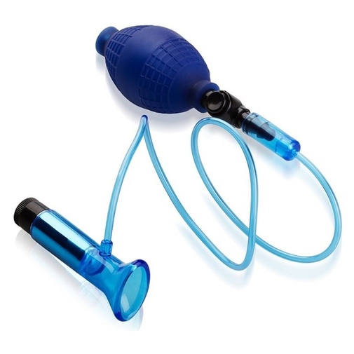 Modrá vibračná vákuová pumpa na klitoris.