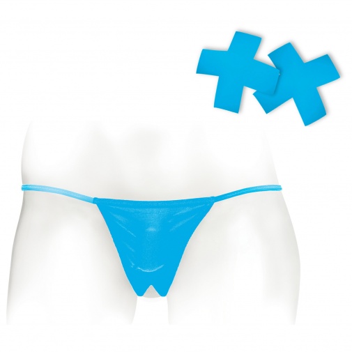 Modré vibračné nohavičky s otvorom v rozkroku a na zadočku, vhodné aj na sex.