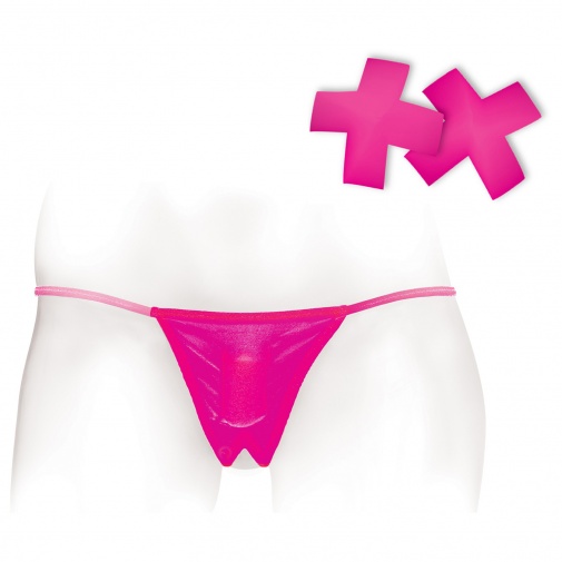 Ružové vibračné nohavičky s otvorom v rozkroku vhodné aj na sex, s nálepkami v tvare X na bradavky.