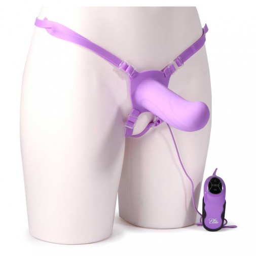 Fialové vibračné strap-on dildo s ovládačom, dutinkou na menší penis, nastaviteľnými popruhmi, vhodný pre obe pohlavia - Fetish Fantasy Elite 6.