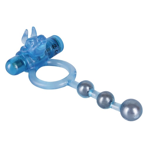 Modro priehľadný erekčný krúžok na penis pre oddialenie ejakulácie s guličkami na dráždenie análu partnerky.