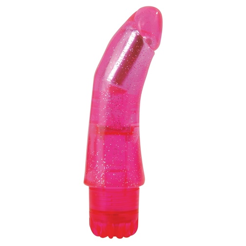 Ružový vodeodolný vibrátor s trblietkami a vibračným vajíčkom uloženým v jeho zakrivenej špičke pre lepšie dráždenie bodu G.