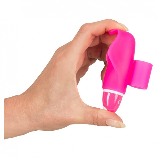 Detail na veľkosť silikónového vibrátora na prst v tvare delfína ružovej farby.