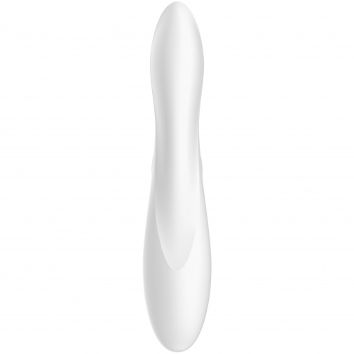 Pohľad na anatomicky tvarovaný vibrátor bielej farby so stimulátorom klitorisu.