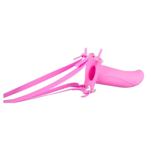 Ružové silikónové nasadzovacie dildo s dutinou na penis s pružnými popruhmi.