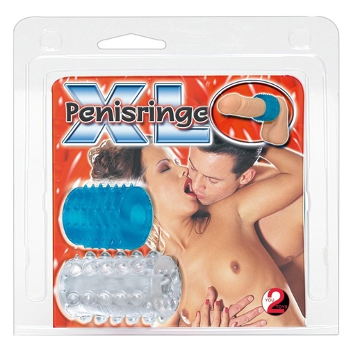 V balení XL násady na penis v modrej a priesvitnej farbe s jemnými a ostrejšími výstupkami.
