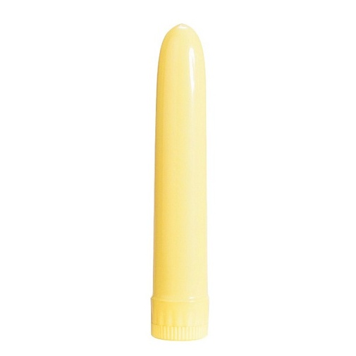 Žltý vibrátor z pevného materiálu so silnými vibráciami.