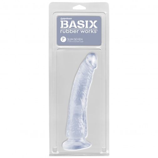V balení priehľadné jemne zakrivené gumené dildo s prísavkou Basix Slim 7.