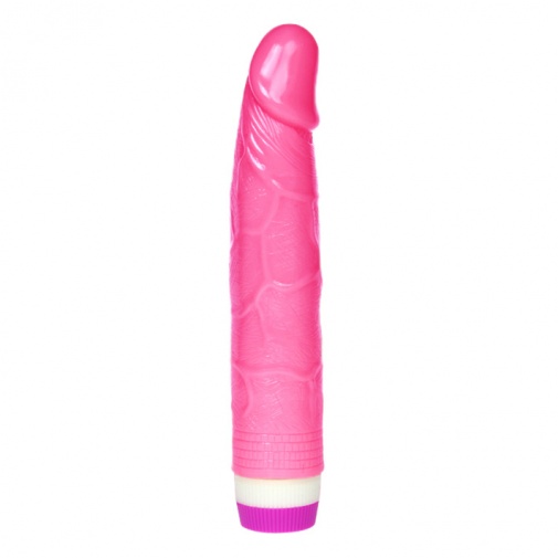 Ružový ohybný vibrátor realistického tvaru s jemnou žilnatosťou na povrchu.