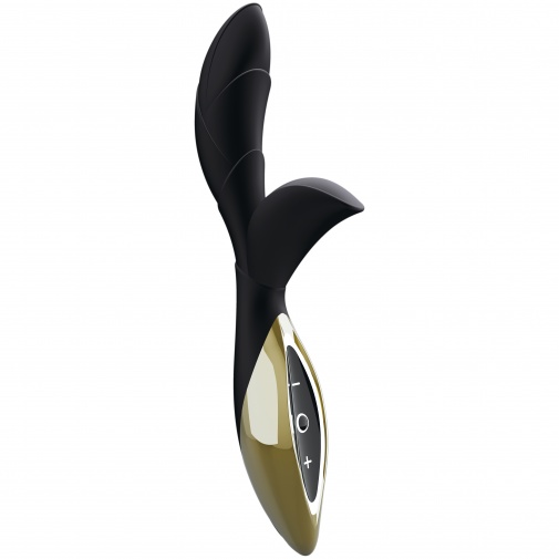 Luxusný silikónový vibrátor Zini Hua v elegantnej čierno-zlatej farbe, so stimulátorom klitorisu a jemne zahnoutou špičkou pre dráždenie bodu G.