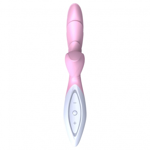 Kvalitný vodotesný vibrátor Zini Hua v ružovo bielej farbe so stimulátorom klitorisu.