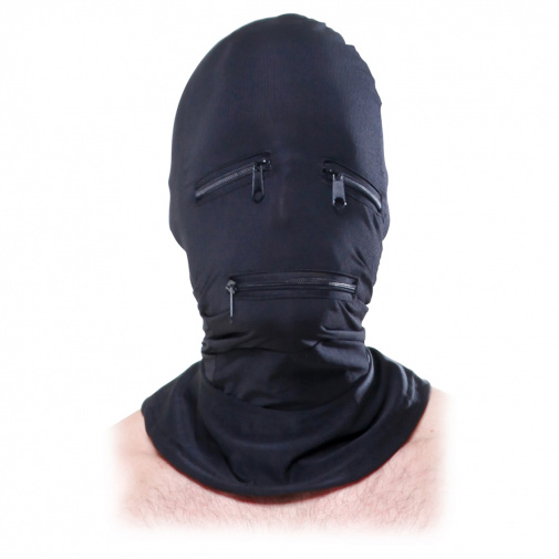 Čierna maska na hlavu s otvormi na zips pre oci a usta.