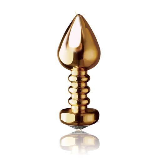 Zlatý kovový análny kolík s vrúbkovaným povrchom, zúženou špičkou pre ľahké zavádzanie a priehľadným kameňom v tvare diamantu
